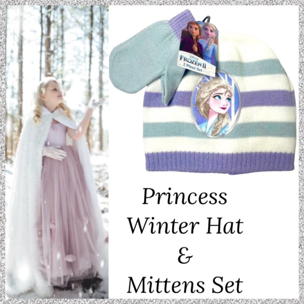 Disney Winter Hat Set Warm Princess Gloves Mittens Frozen Elsa Shimmer Striped
